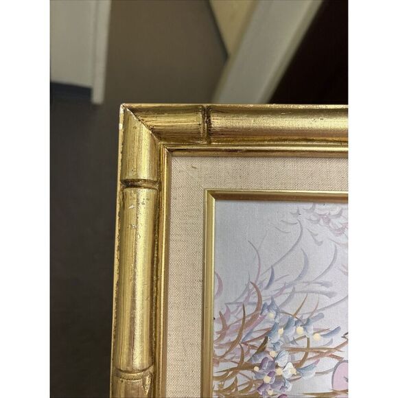 Signed Vintage Asian Painting - Japanese Geisha Pink Floral Garden - Framed - Picture 11 of 11